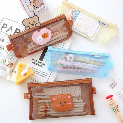 Realaiot Kawaii Transparen Bear Mesh Pencil Bag Pens Pouch Storage Case Brush Holder Big Capacity Kids Birthday Gift School Stationery