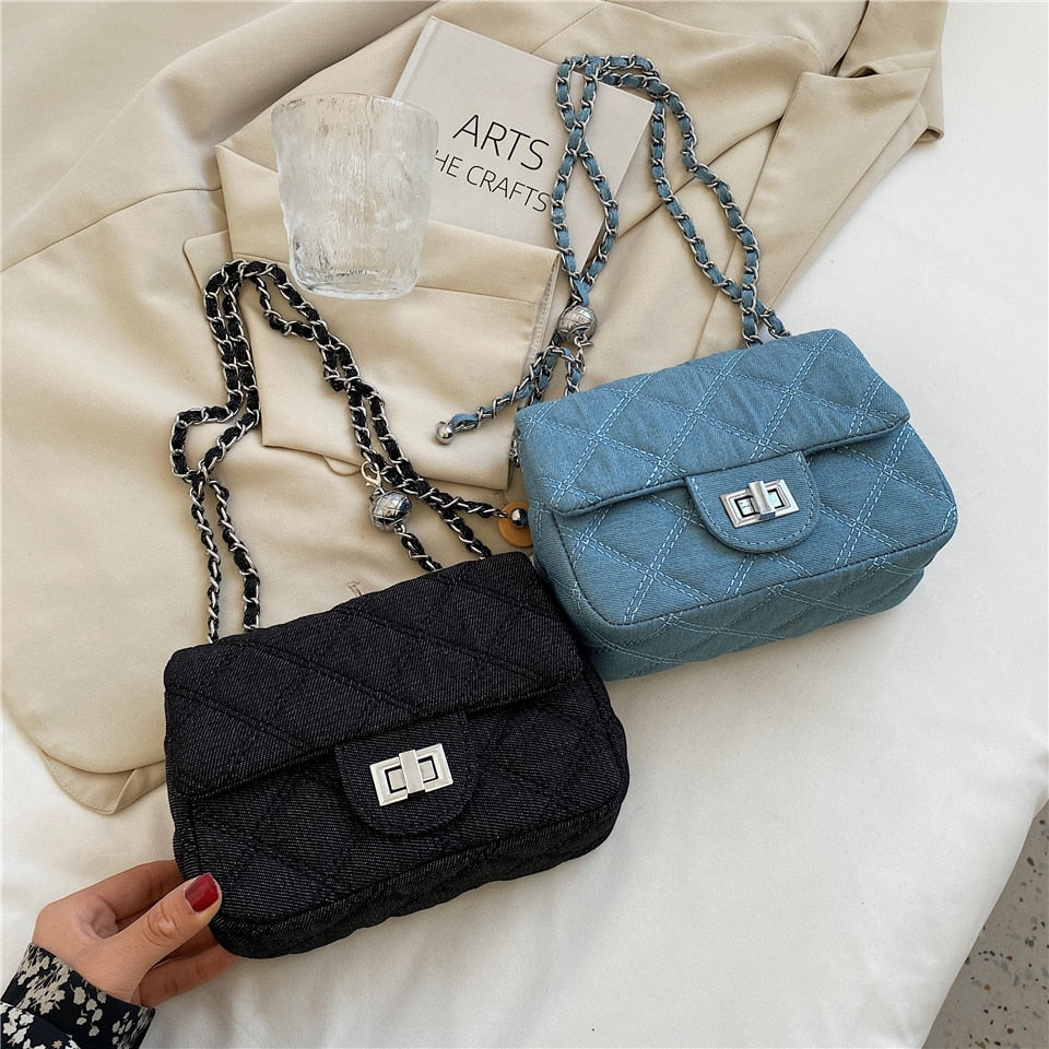 Realaiot Denim Quilted Chain Small Crossbody Shoulder Bags For Women Brand Designer Jean Blue Luxury Ladies Purses And Handbags