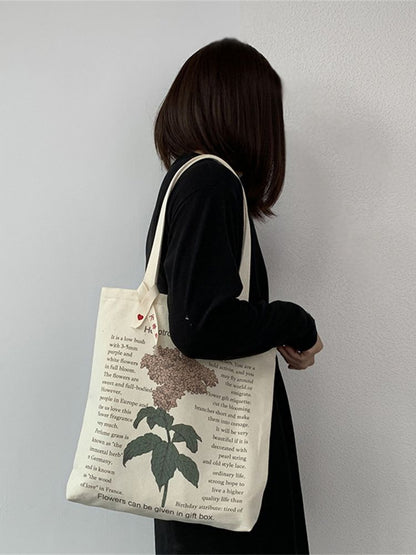 Realaiot Women's Style Canvas Shopping Bag Retro Simple Shoulder Illustration Flowers Tote Bag Pattern Printing Large Capacity Handbag