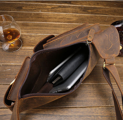 Realaiot Crazy Horse Leather Big Chest Bag Genuine Leather Sling Bag Mans Chest Pack Leather Crossbody Bags For Men Sports Riding