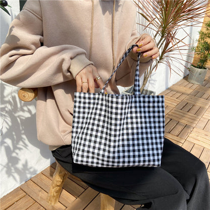 Cyflymder Portable Cotton Women Lunch Bento Bag Vintage Plaid Canvas Ladies Small Handbags Simple Female Cloth Mini Tote Bag Clutch Purse