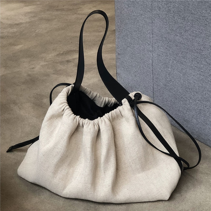 Realaiot Korean Contrast Color Women Handbag Drawstring Canvas Ladies Shoulder Bag Large Capacity Travel Bag Female Big Totes Bolsas