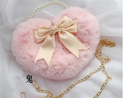 Realaiot Kawaii Heart-shaped Lolita Girl Messenger bag Harajuku Plush Bow JK Uniform Cute Furry Chain Shoulder Bag Handbag