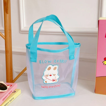 Realaiot Women Korean Bear Rabbit Mesh Handbag Totes Girls Summer Travel Beach Bag Women Shopping Bags Gauze Hand Bags Fashion Tote Bag