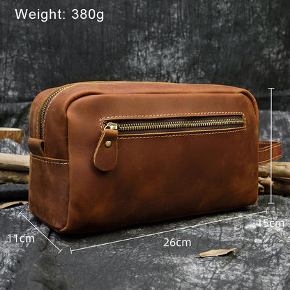 Realaiot Vintage Leather Storage Bag Clutch Bags Men Wash Bag Toiletry kits Crazy Horse Leather Men Clutches