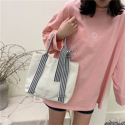 Realaiot Women Shoulder Bags Bow Tote Bag Ladies Designer Large Capacity Canvas Bag Striped Strap Ins Casual Cloth Bags 苤�邾郕訄 �迮郇�郕訄�