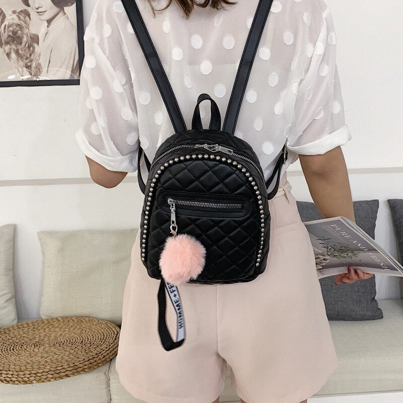 Realaiot Hairball tassel Women Backpack small Diamond pattern school bag backpacks for girls teenagers Braided chain Students Rucksack Gifts for Women