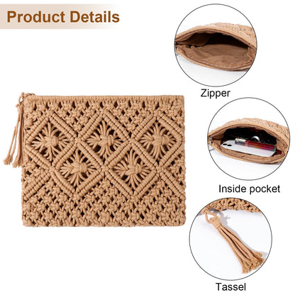 Realaiot Women's Handwoven Crossbody Straw Handbag Summer Beach Shoulder Tassel Zipper Handbag Crochet Purses Bohemian Style