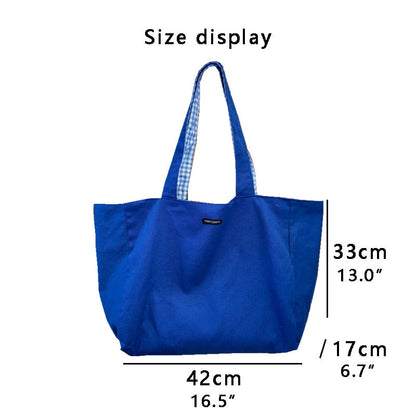 Realaiot Women Shoulder Bag Canvas Tote Bags Girl Fashion Casual Solid Color Plaid Shopper Bags Large Capacity Double Sided Handbags