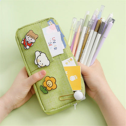 Realaiot Kawaii Pencil Case Candy Color Pencil Bag with Badges Large Capacity Pen Case Canvas Stationery Holder Organizer Back To School