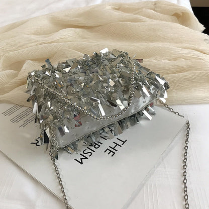 Realaiot Fashion Design Luxury Silver Sequin Rhinestone Tassel Women Small Shoulder Bags Chain Elegant Ladies Party Evening Clutch Purse