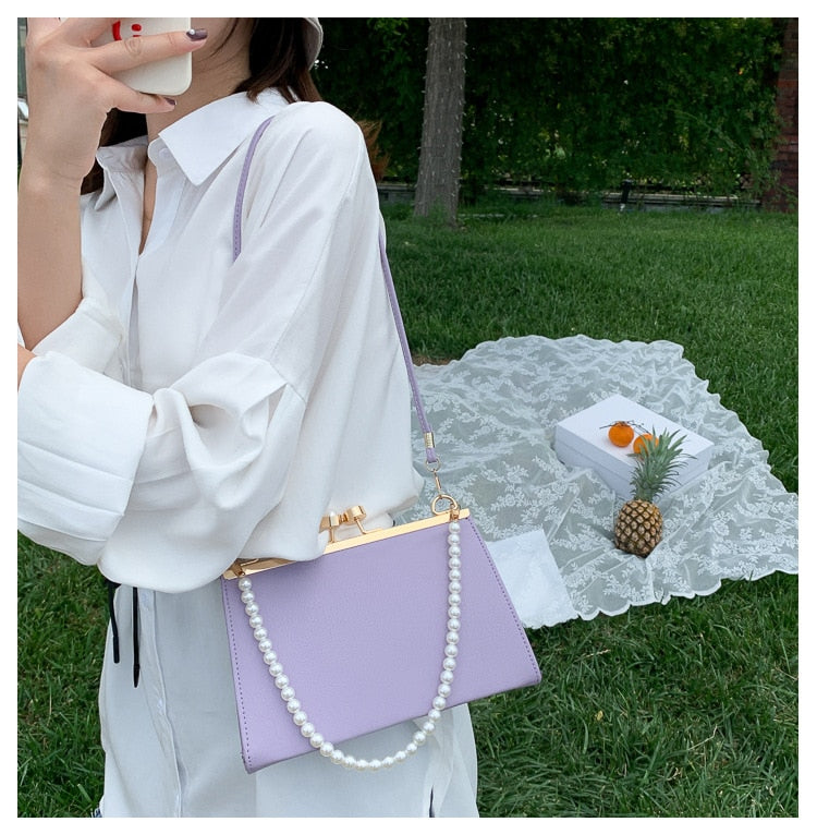 Realaiot Vintage Shoulder Bags Women Fashion Pearl Chain Handbag Kiss Lock Designed Brand Women Small Clip Bags Sac Feminina Bolsa