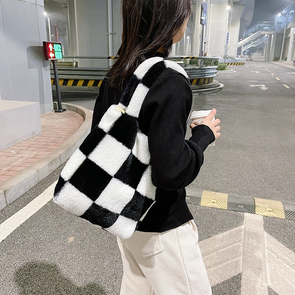 Realaiot Fashion Checkered Print Shoulder Bag Autumn Winter Hit Color INS Fashion Women Plush Bag Handbag Women Tote Bags Shopper bag