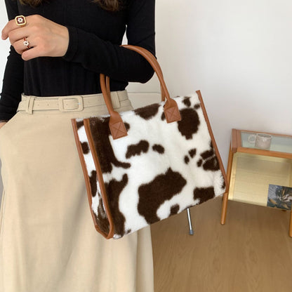 Realaiot Top-Handle Bags Retro Cow Leopard Print PU Leather Plush Design Autumn Winter Fashion Small Women Small Handbags