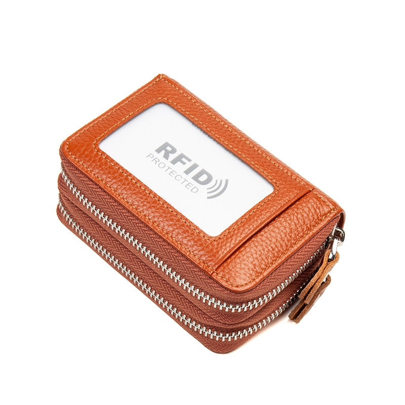 Cyflymder RFID Blocking Fashion Women Card Holder Genuine Leather Double Zipper Large Capacity Female Wallet Purse
