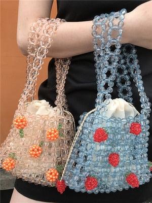 Cyflymder Retro Orange Beaded Bag Clear Crystal Jelly Clutch Bag Girl Beaded Woven Handbag for Woman Handmade Bags Luxury Designer Gifts for Women