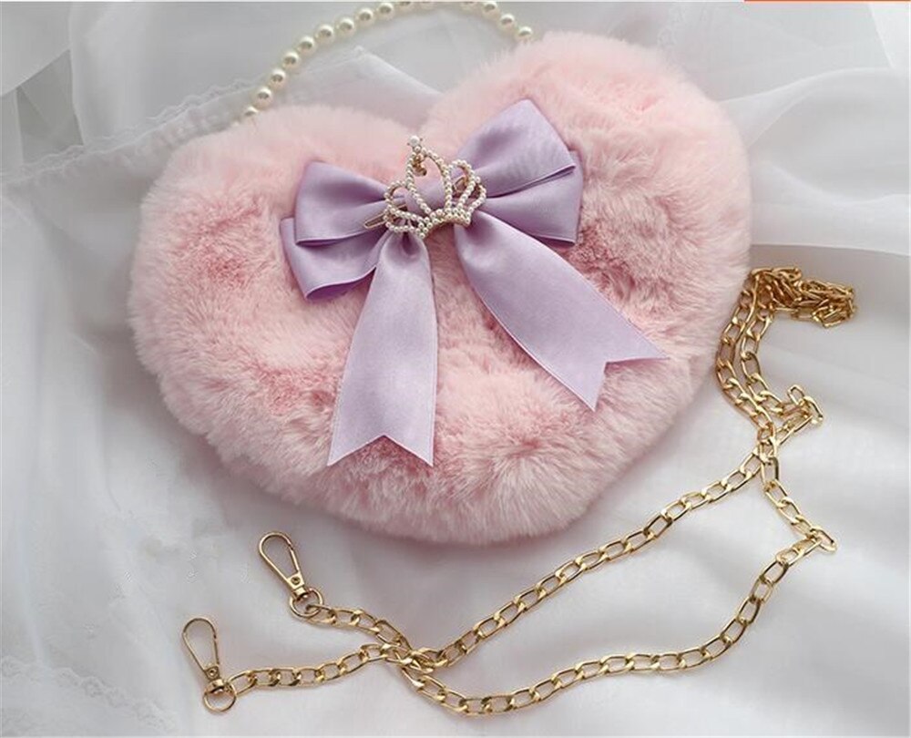 Realaiot Kawaii Heart-shaped Lolita Girl Messenger bag Harajuku Plush Bow JK Uniform Cute Furry Chain Shoulder Bag Handbag