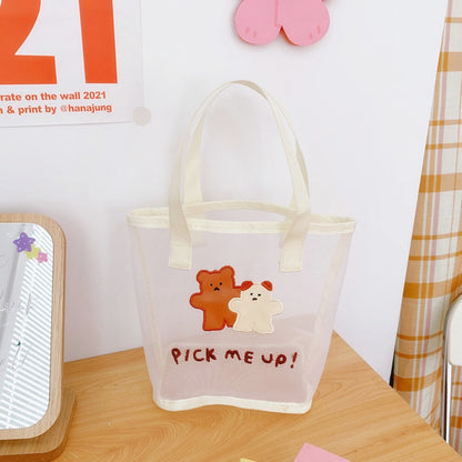 Realaiot Women Korean Bear Rabbit Mesh Handbag Totes Girls Summer Travel Beach Bag Women Shopping Bags Gauze Hand Bags Fashion Tote Bag