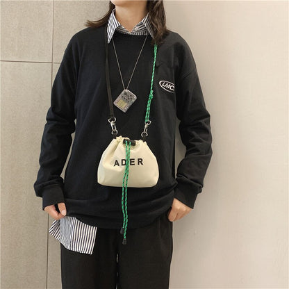 Realaiot Fashion Letter Printing Mini Crossbody Bag For Women Black White Canvas Couple Small Bag Bucket Handbag Drawstring Shoulder Bag