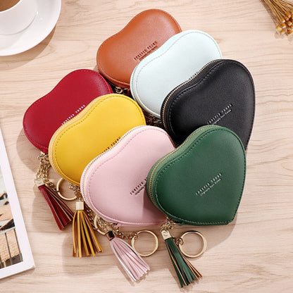 Realaiot Women's Heart Shape Small Coin Wallets PU Leather Zipper Key Ring Tassels Card Holder Mini Purse Cute Portable Female Clutch Bag