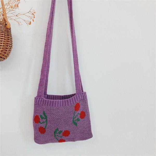 Realaiot Cute Children Knitted Woolen Shoulder Bags Lovely Cherry Plaid Baby Kids Small Purse Handbags Boys Girls Underarm Crossbody Bag