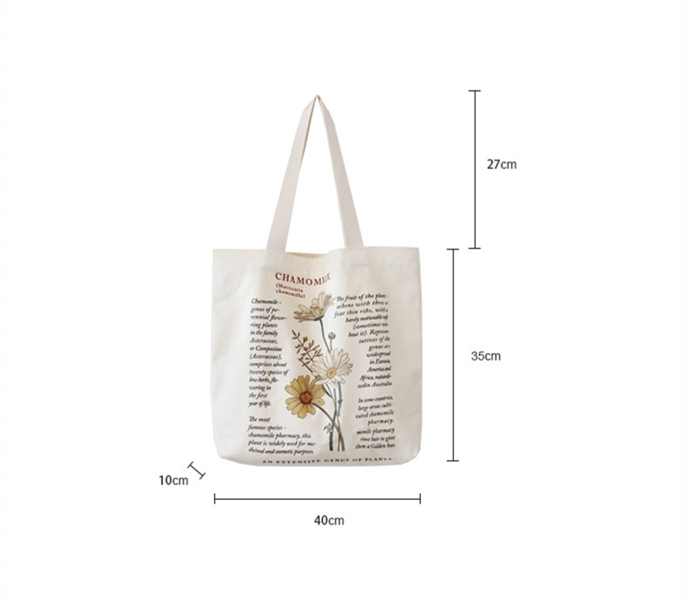 Realaiot Women's Style Canvas Shopping Bag Retro Simple Shoulder Illustration Flowers Tote Bag Pattern Printing Large Capacity Handbag