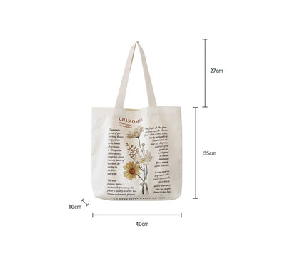 Realaiot Women's Style Canvas Shopping Bag Retro Simple Shoulder Illustration Flowers Tote Bag Pattern Printing Large Capacity Handbag