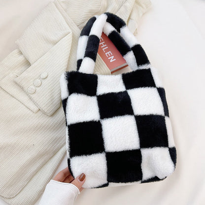 Realaiot Fashion Checkered Print Shoulder Bag Autumn Winter Hit Color INS Fashion Women Plush Bag Handbag Women Tote Bags Shopper bag