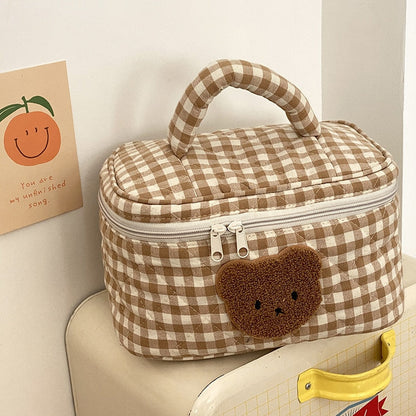 Realaiot Cute Bear Makeup Bag Large Capacity Portable Cosmetic Bags Zipper Pure Cotton Plaid Brushes Pouch Case For Women