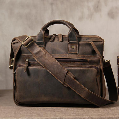 Realaiot Vintage Leather Mens Briefcase With Pockets Cowhide Bag On Business Suitcase Crazy Horse Leather Laptop Bags Design