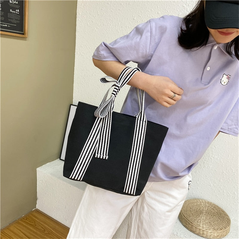 Realaiot Women Shoulder Bags Bow Tote Bag Ladies Designer Large Capacity Canvas Bag Striped Strap Ins Casual Cloth Bags 苤�邾郕訄 �迮郇�郕訄�