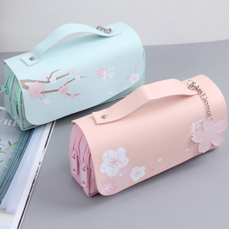 Cyflymder Sakura Pencil Bag PU Leather Pen Case Kawaii Stationery Ruler Pouch for School Girl Sweet Eraser Holder Gift Box Flowers Storage