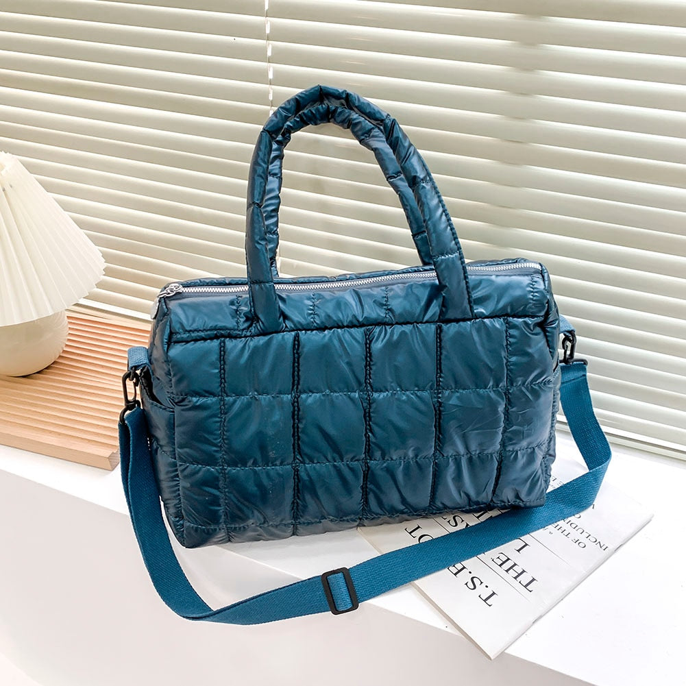 Realaiot Winter Down Bag Quilted Space Cotton Handbags For Women Large Capacity Tote Bags Female Wide Strap Feather Padded Crossbody