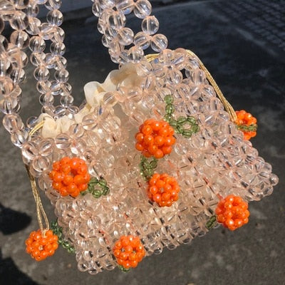 Cyflymder Retro Orange Beaded Bag Clear Crystal Jelly Clutch Bag Girl Beaded Woven Handbag for Woman Handmade Bags Luxury Designer Gifts for Women