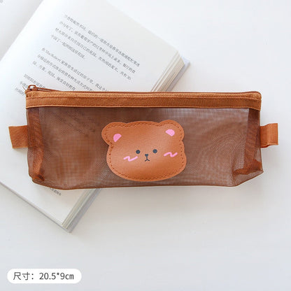 Realaiot Kawaii Transparen Bear Mesh Pencil Bag Pens Pouch Storage Case Brush Holder Big Capacity Kids Birthday Gift School Stationery