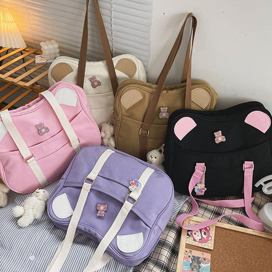 Realaiot Japanese INS Harajuku Bear Ear School Clutch Bag Kawaii Lolita Canvas Handbag College Students Messenger Bag Cospaly Accessories