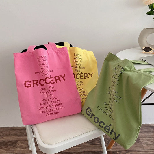 Realaiot Women Shopping Bag Grocery List Design Ladies Cute Colors Shoulder Bag Eco Canvas Handbag Reusable Cotton Cloth Fabric Tote