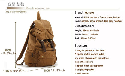 Realaiot Fashion Vintage Leather Military Canvas Backpack Men's Backpack School Bag Drawstring Backpack Women Bagpack Male Rucksack