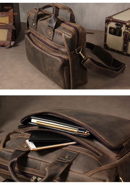 Realaiot Vintage Leather Mens Briefcase With Pockets Cowhide Bag On Business Suitcase Crazy Horse Leather Laptop Bags Design