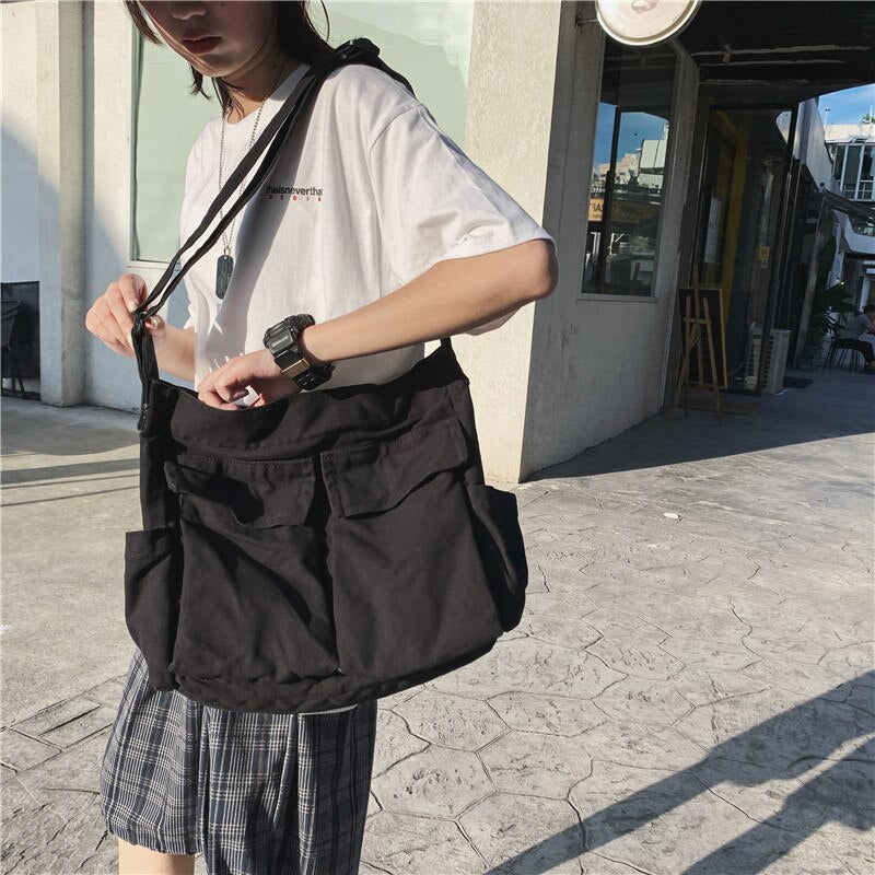 Cyflymder Multi Pockets Canvas Big Size Handbag Female Male Teenager Student Over Large High Street Hip Hop Zipper Messenger Bag