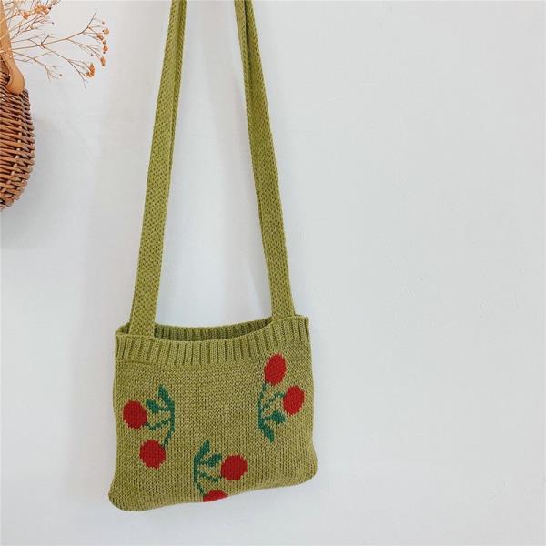 Realaiot Cute Children Knitted Woolen Shoulder Bags Lovely Cherry Plaid Baby Kids Small Purse Handbags Boys Girls Underarm Crossbody Bag