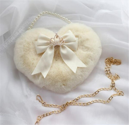 Realaiot Kawaii Heart-shaped Lolita Girl Messenger bag Harajuku Plush Bow JK Uniform Cute Furry Chain Shoulder Bag Handbag