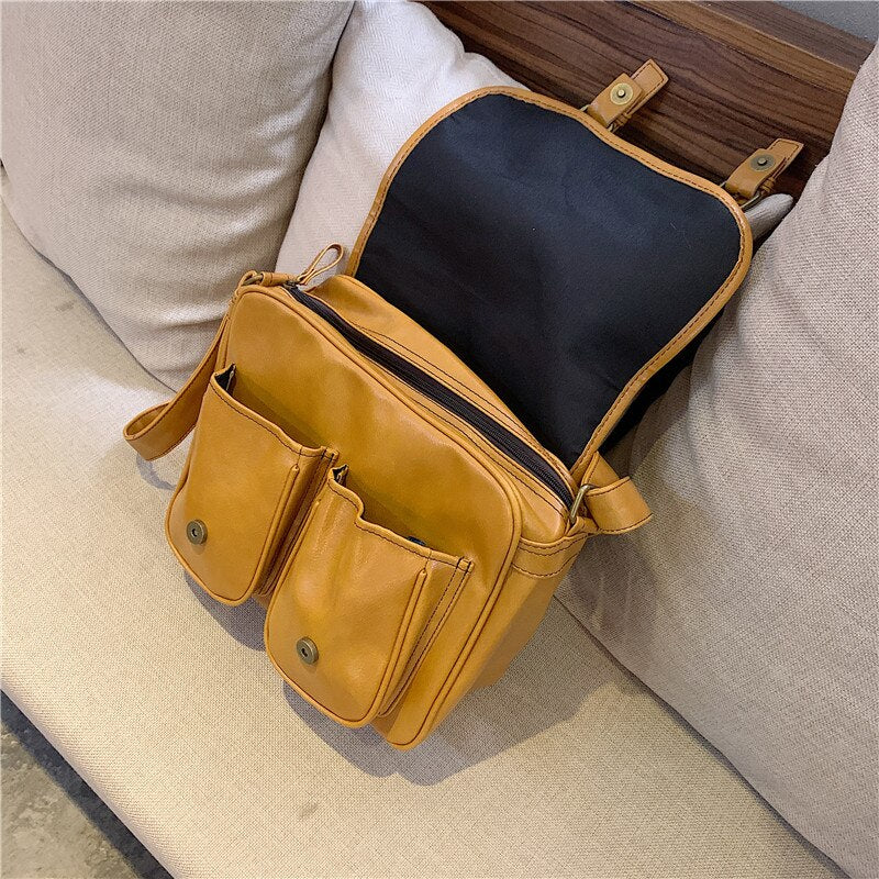 Realaiot Vintage Women Messenger Bag Large Capacity Oil Wax Leather Female Shoulder Bag Ladies Crossbody Bag Casual Big Handbag Yellow