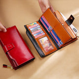 Realaiot Blocking Genuine Leather Women Wallet Long Lady Leather Purse Brand Design Luxury Oil Wax Leather Female Wallet Coin Purse