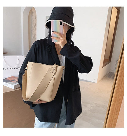 Realaiot Solid Color Pu Leather Crossbody Bags For Women Bucket Bags New Lady Handbags With Wide Belt Travel Shoulder Bags Casual