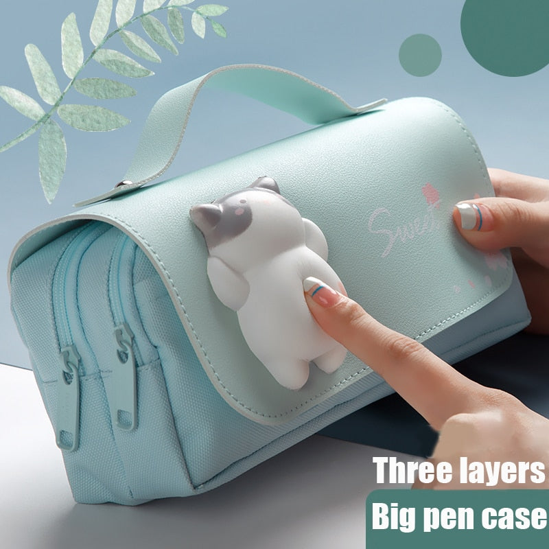 Realaiot Cute Cat Decompression Pencil Case Big Pencil Box Portable Girls Pen Bag Double Layer School Pouch Kawaii Stationery Pensil Case