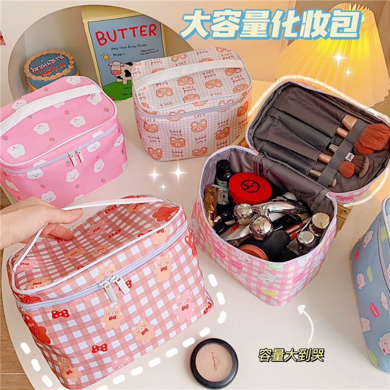 Cyflymder New Women Travel Cosmetic Makeup Bags Case Korean Bear Rabbit Plaid Toiletries Organizer Females Make up Storage Bag Pouch