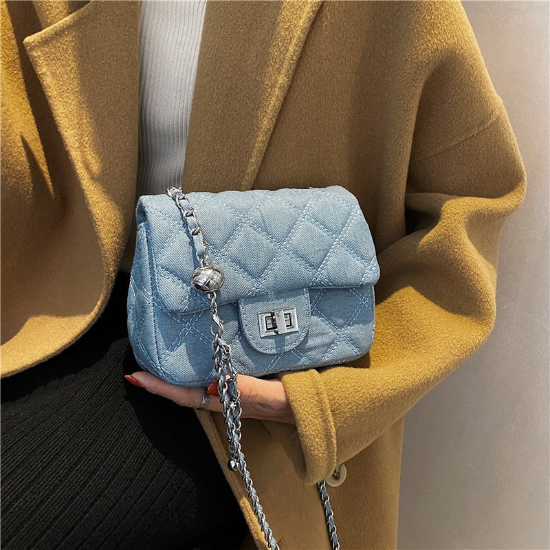 Realaiot Denim Quilted Chain Small Crossbody Shoulder Bags For Women Brand Designer Jean Blue Luxury Ladies Purses And Handbags