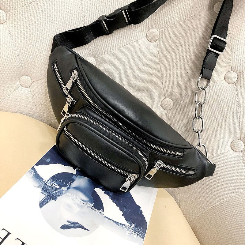 Realaiot Fashion Women's Belt Bag High Capacity PU Leather Chain Sum Per Band Fanny Pack Bananka Portable Satchel Belly Band Waist Bag