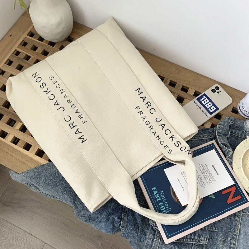 Realaiot 1 Pc Minimalist Letter Black and White Canvas Bag Fashion Large  Shopping  Bag Fabric Reusable Women Shoulder Tote Bag